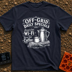 Off Grid Specials - T-Shirt in Navy - A vintage-style black and white illustration of a tall coffee percolator and a camp...