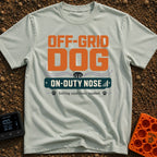 Sniffing Off The Grid - T-Shirt in Bay - A typographic design featuring the text "OFF-GRID DOG" in large orange letters...