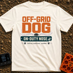 Sniffing Off The Grid - T-Shirt in Ivory - A typographic design featuring the text "OFF-GRID DOG" in large orange letters...