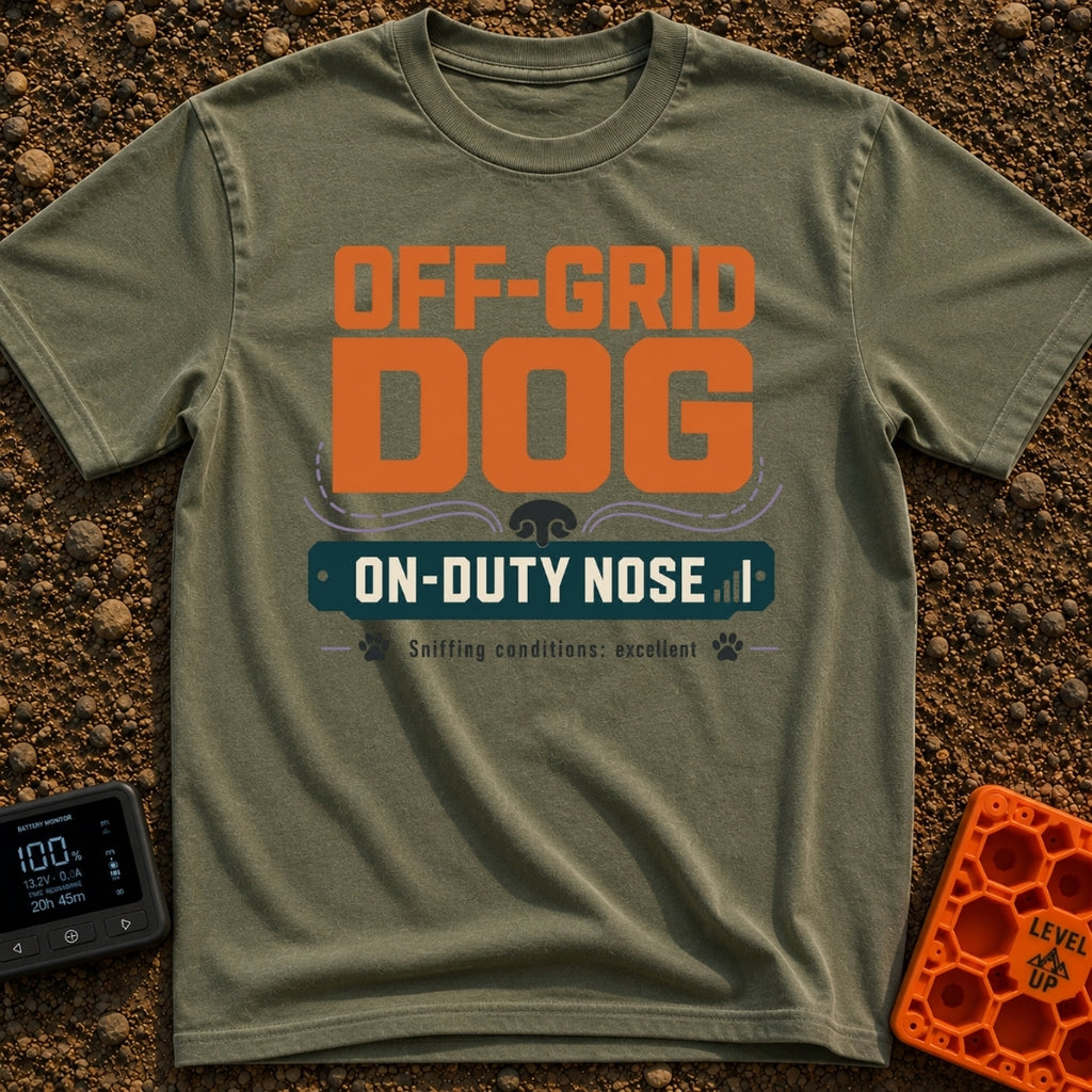 Sniffing Off The Grid - T-Shirt in Moss - A typographic design featuring the text "OFF-GRID DOG" in large orange letters...