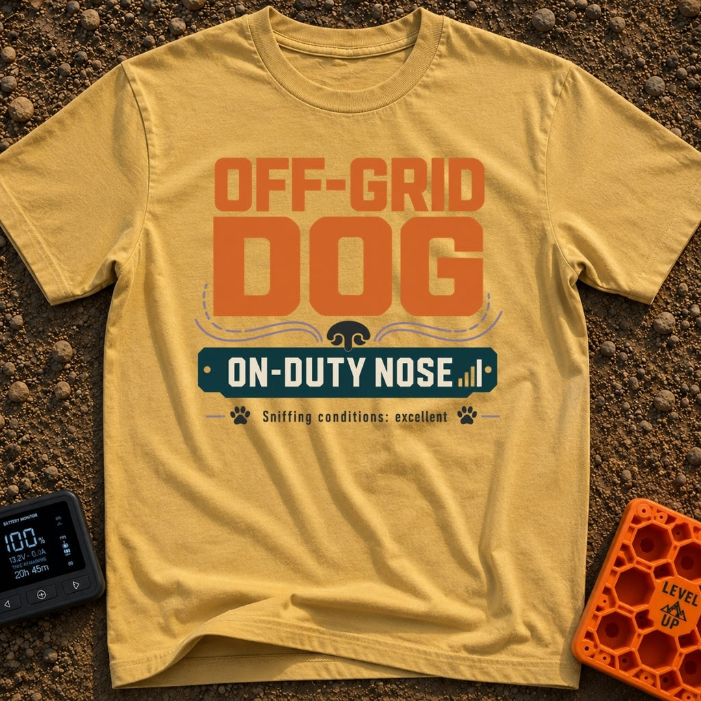 Sniffing Off The Grid - T-Shirt in Mustard - A typographic design featuring the text "OFF-GRID DOG" in large orange...