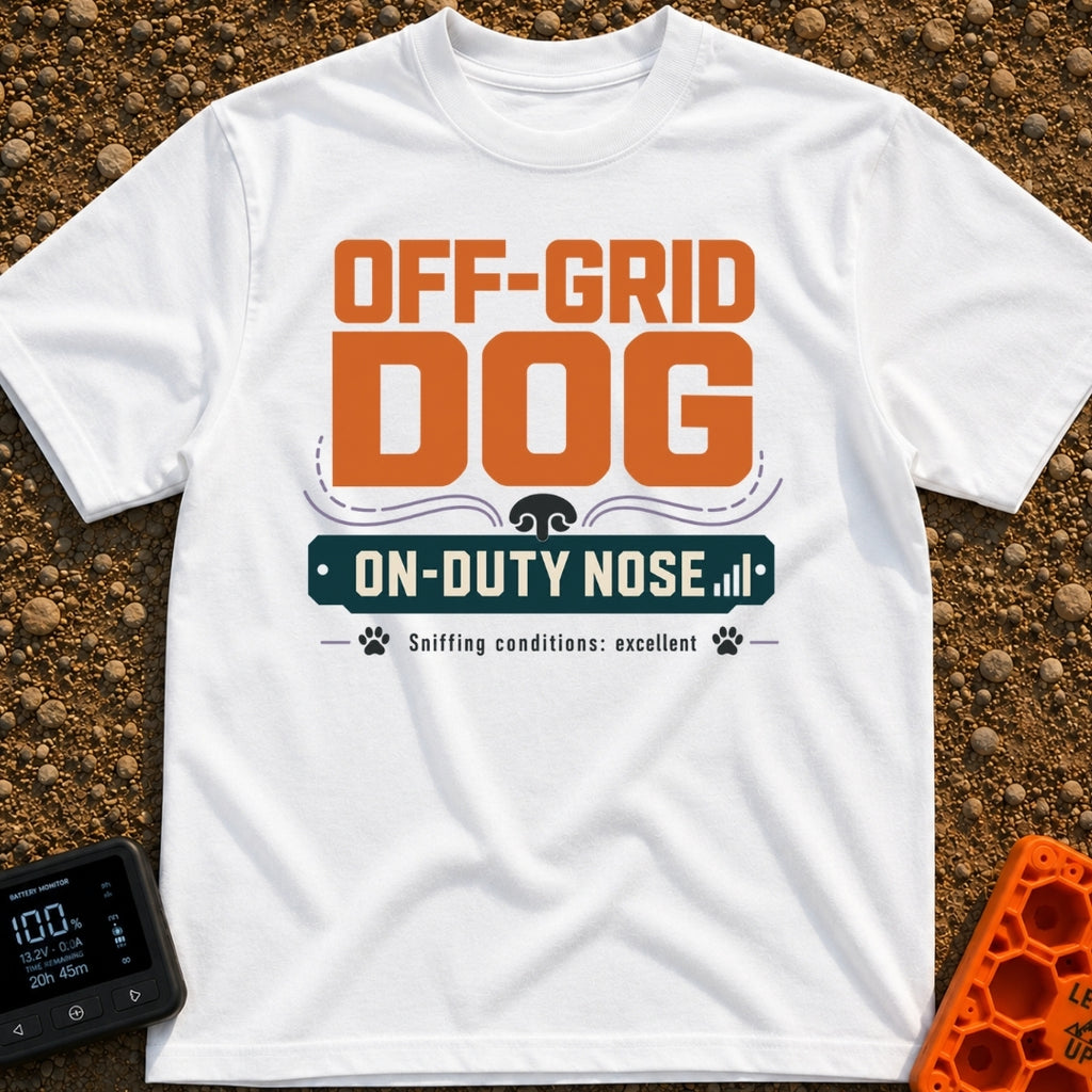 Sniffing Off The Grid - T-Shirt in White - A typographic design featuring the text "OFF-GRID DOG" in large orange letters...