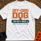 Sniffing Off The Grid - T-Shirt in White - A typographic design featuring the text "OFF-GRID DOG" in large orange letters...