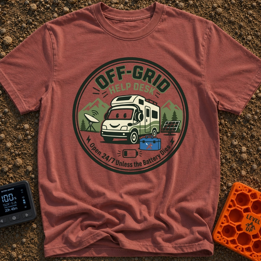No Service Desk - T-Shirt in Brick - A circular emblem featuring a smiling cartoon RV wearing a customer service headset,...