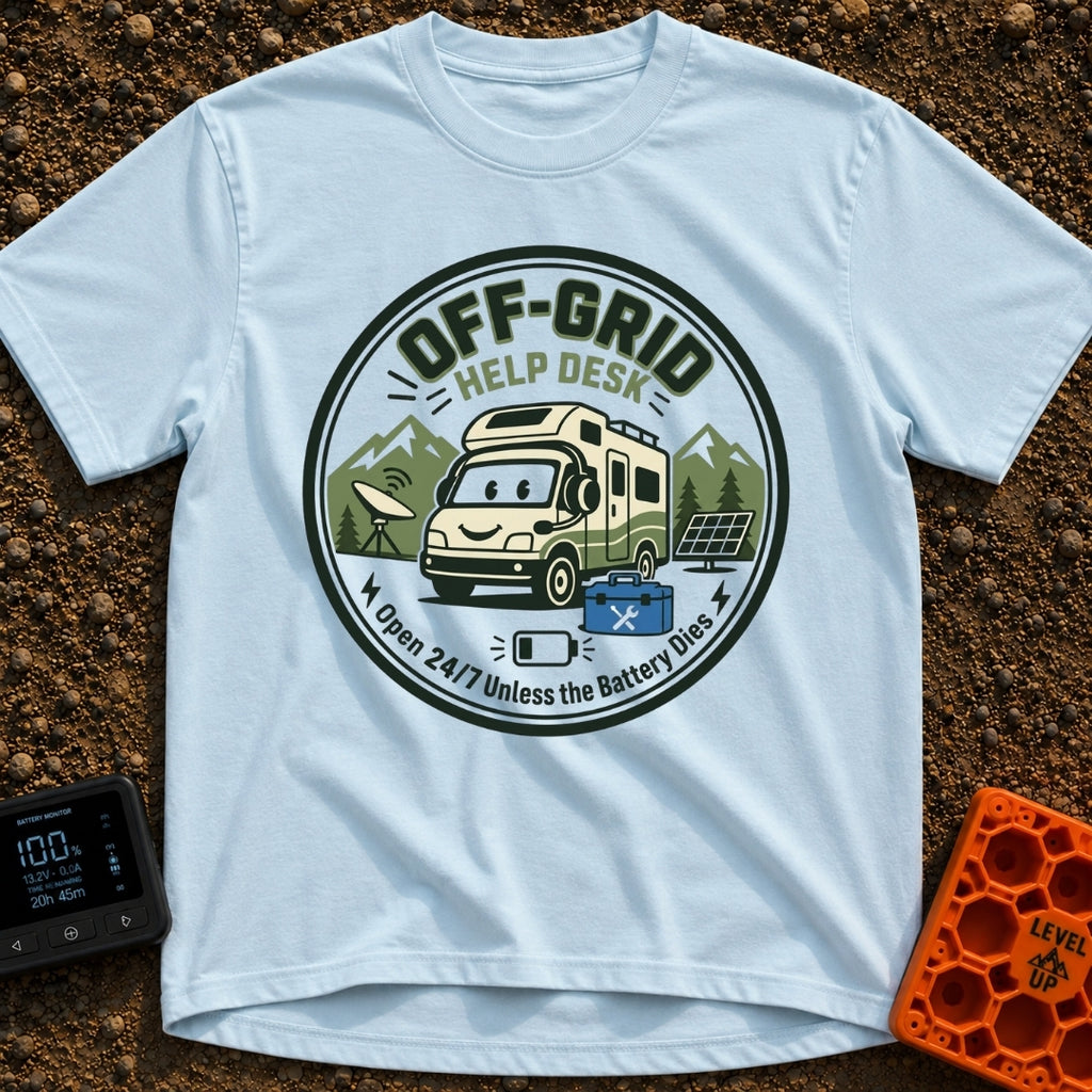 No Service Desk - T-Shirt in Chambray - A circular emblem featuring a smiling cartoon RV wearing a customer service...