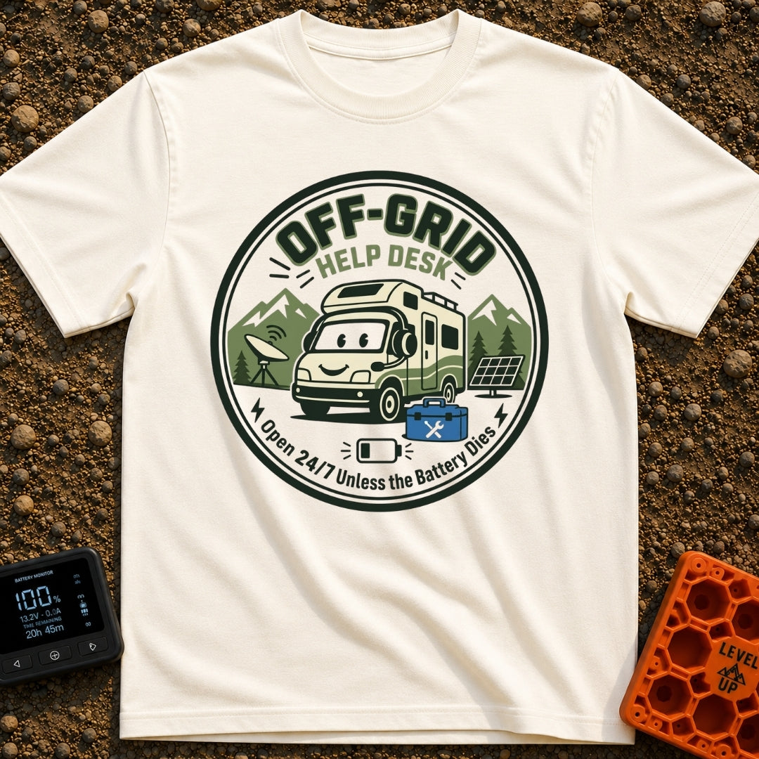 No Service Desk - T-Shirt in Ivory - A circular emblem featuring a smiling cartoon RV wearing a customer service headset,...