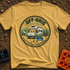 No Service Desk - T-Shirt in Mustard - A circular emblem featuring a smiling cartoon RV wearing a customer service...