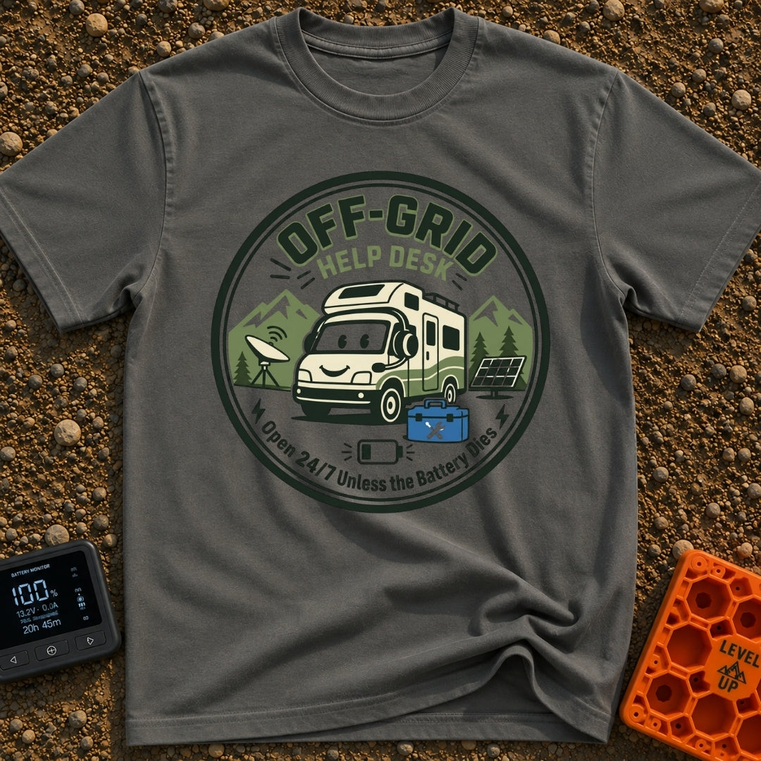 No Service Desk - T-Shirt in Pepper - A circular emblem featuring a smiling cartoon RV wearing a customer service...