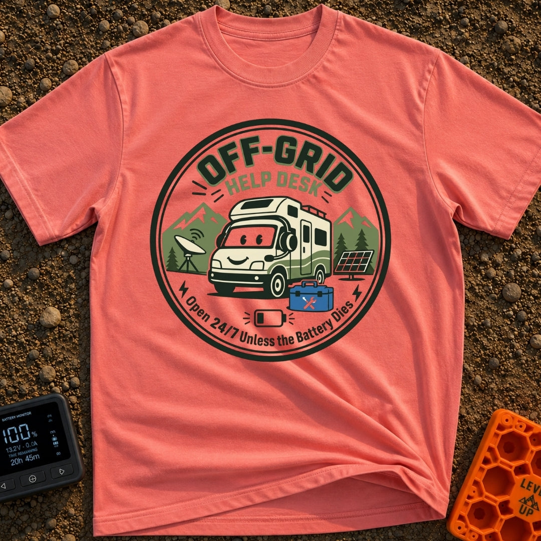 No Service Desk - T-Shirt in Watermelon - A circular emblem featuring a smiling cartoon RV wearing a customer service...