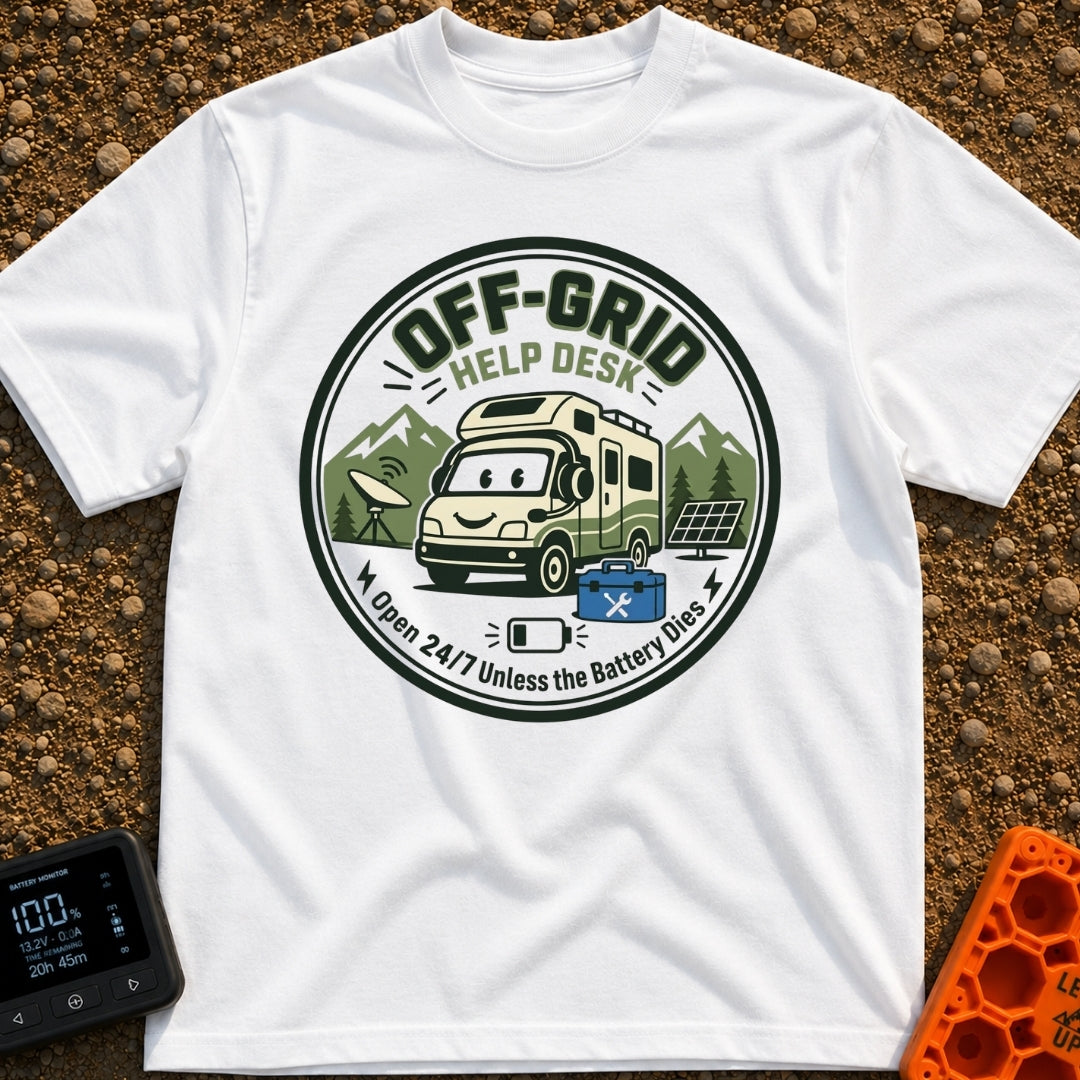 No Service Desk - T-Shirt in White - A circular emblem featuring a smiling cartoon RV wearing a customer service headset,...