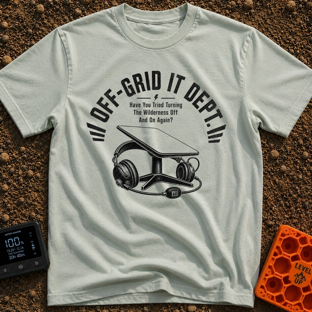 Off Grid IT Support - T-Shirt in Bay - A black and white illustration of a rectangular satellite internet dish on a stand...