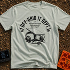 Off Grid IT Support - T-Shirt in Bay - A black and white illustration of a rectangular satellite internet dish on a stand...