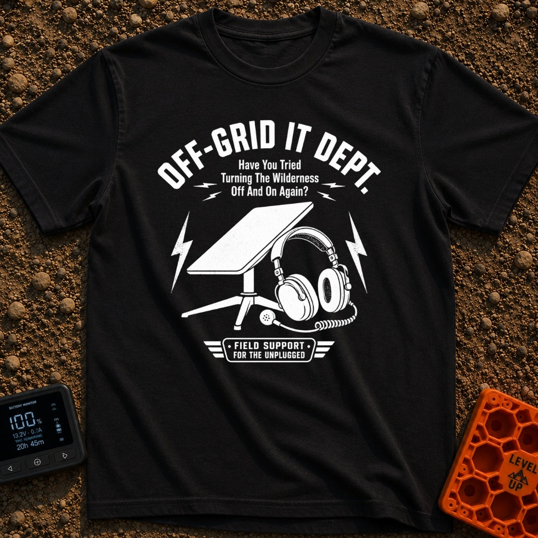 Off Grid IT Support - T-Shirt in Black - A black and white illustration of a rectangular satellite internet dish on a...