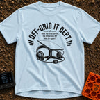 Off Grid IT Support - T-Shirt in Chambray - A black and white illustration of a rectangular satellite internet dish on a...