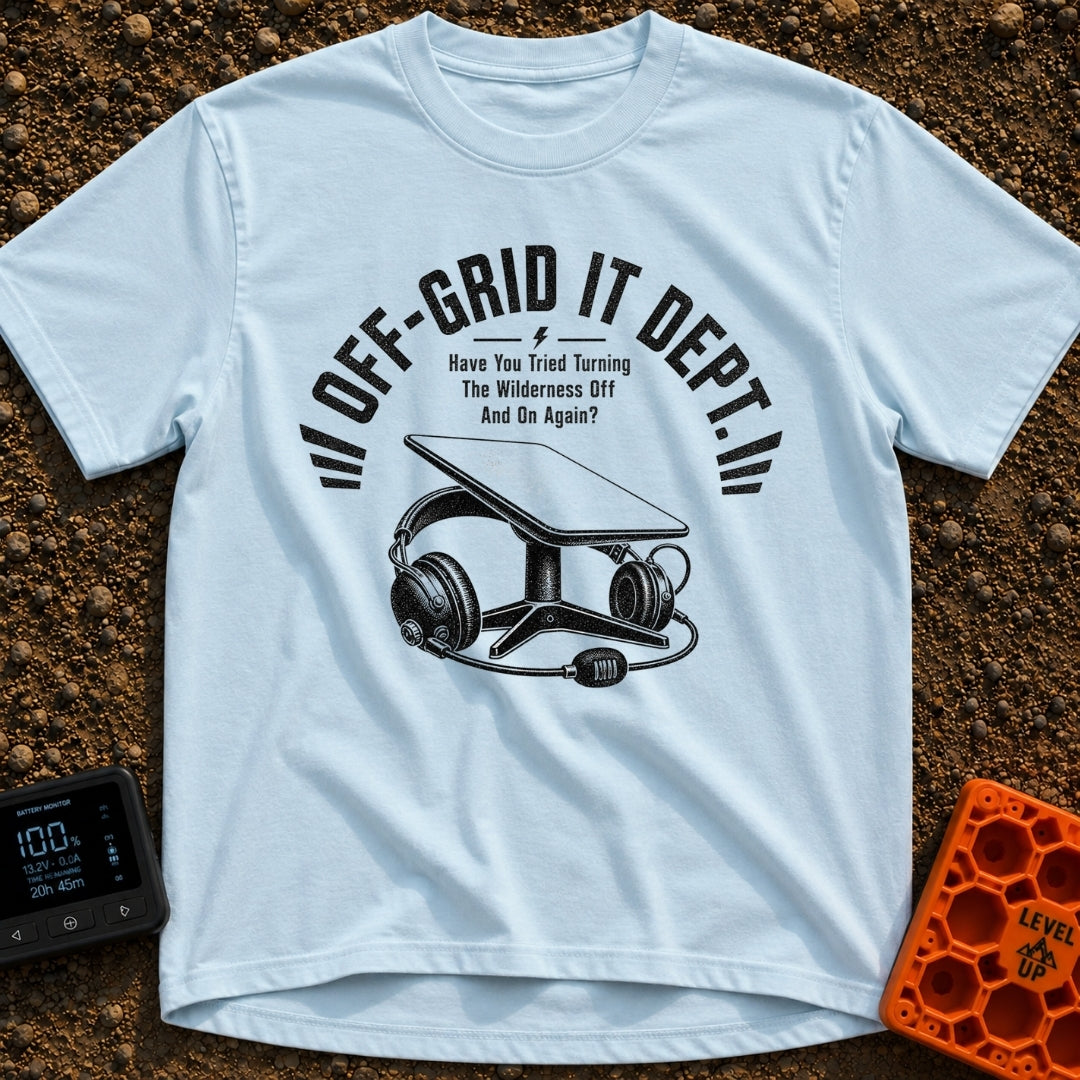 Off Grid IT Support - T-Shirt in Chambray - A black and white illustration of a rectangular satellite internet dish on a...