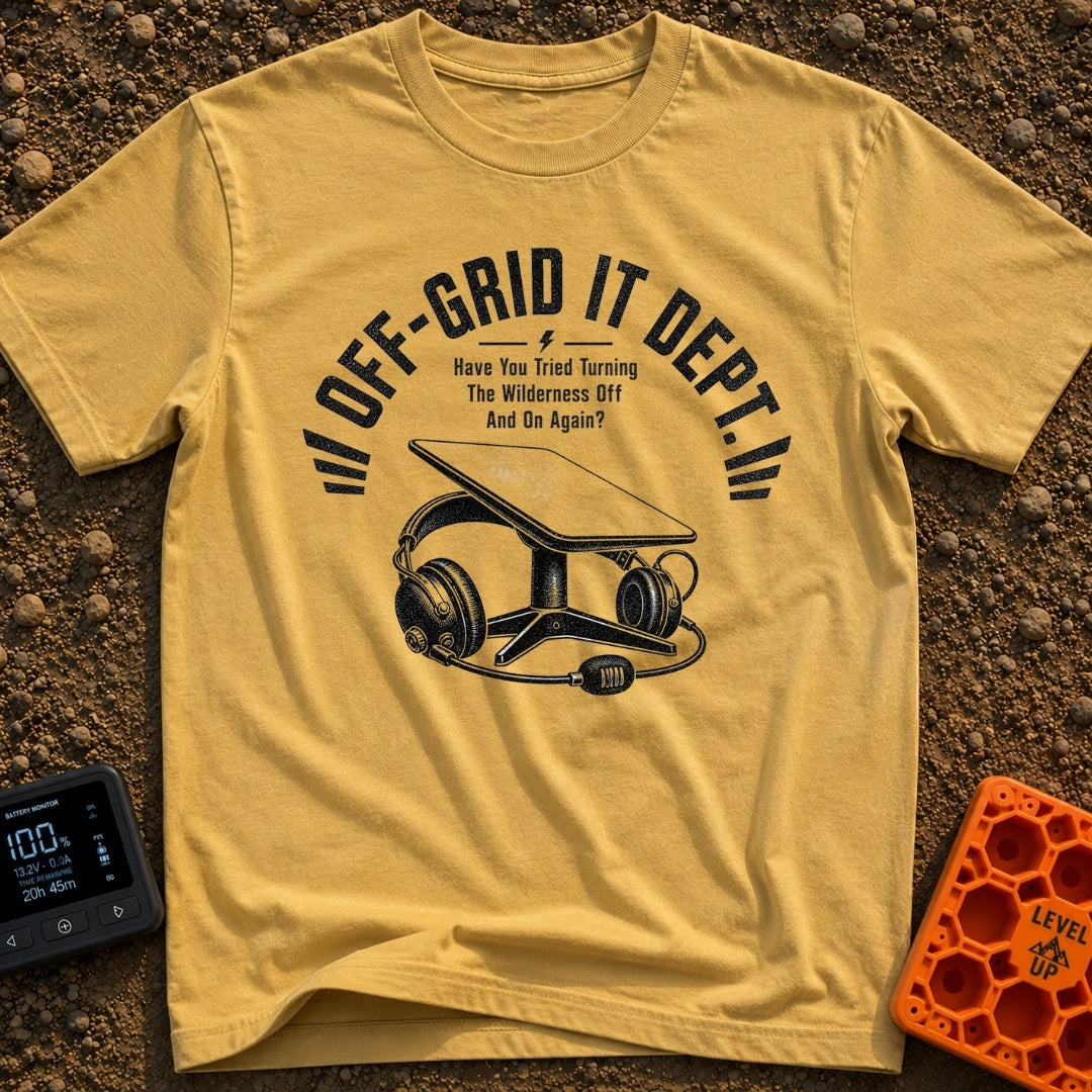 Off Grid IT Support - T-Shirt in Mustard - A black and white illustration of a rectangular satellite internet dish on a...