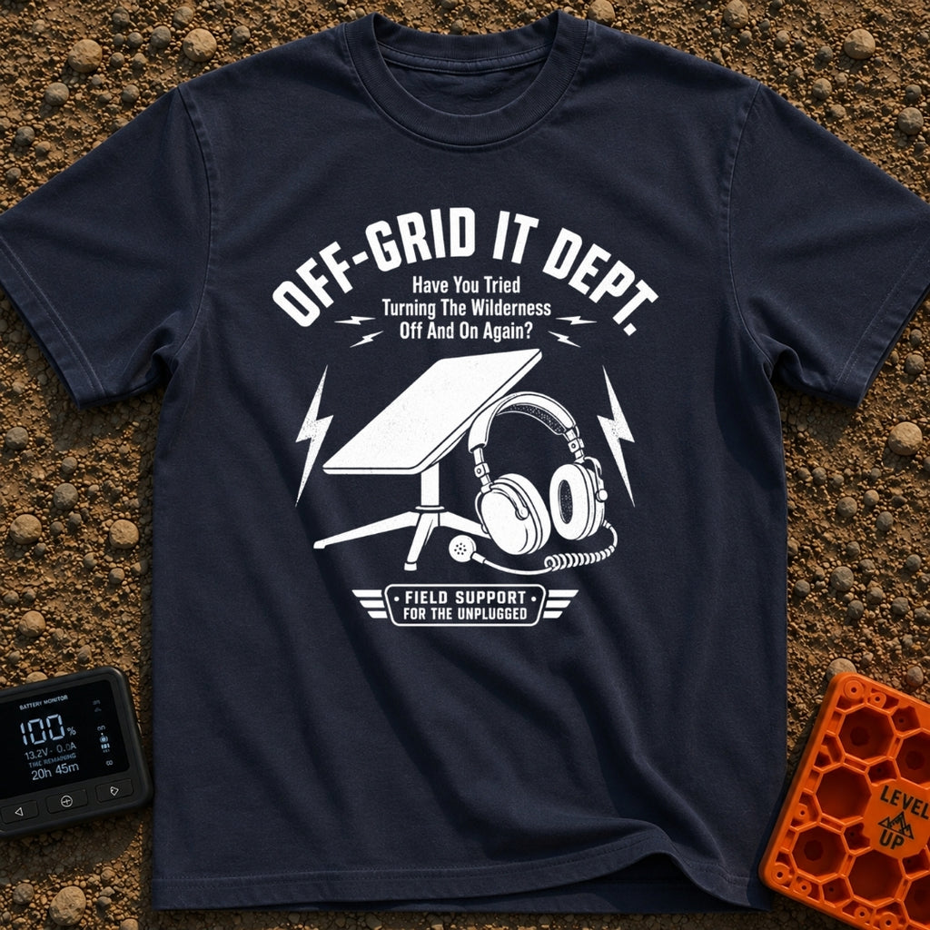 Off Grid IT Support - T-Shirt in Navy - A black and white illustration of a rectangular satellite internet dish on a...
