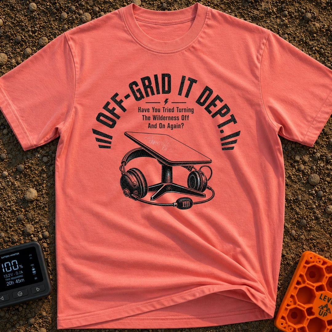 Off Grid IT Support - T-Shirt in Watermelon - A black and white illustration of a rectangular satellite internet dish on...