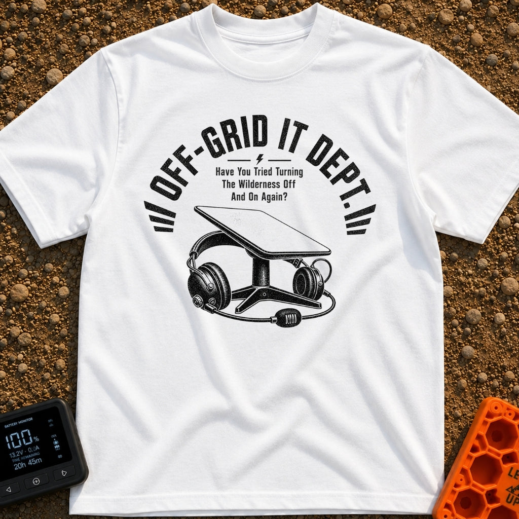 Off Grid IT Support - T-Shirt in White - A black and white illustration of a rectangular satellite internet dish on a...