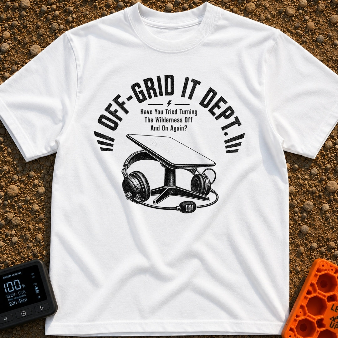 Off Grid IT Support - T-Shirt in White - A black and white illustration of a rectangular satellite internet dish on a...