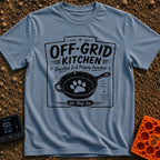 No Reservations Required - T-Shirt in Blue Jean - A black and white graphic featuring a cast iron skillet with a large...