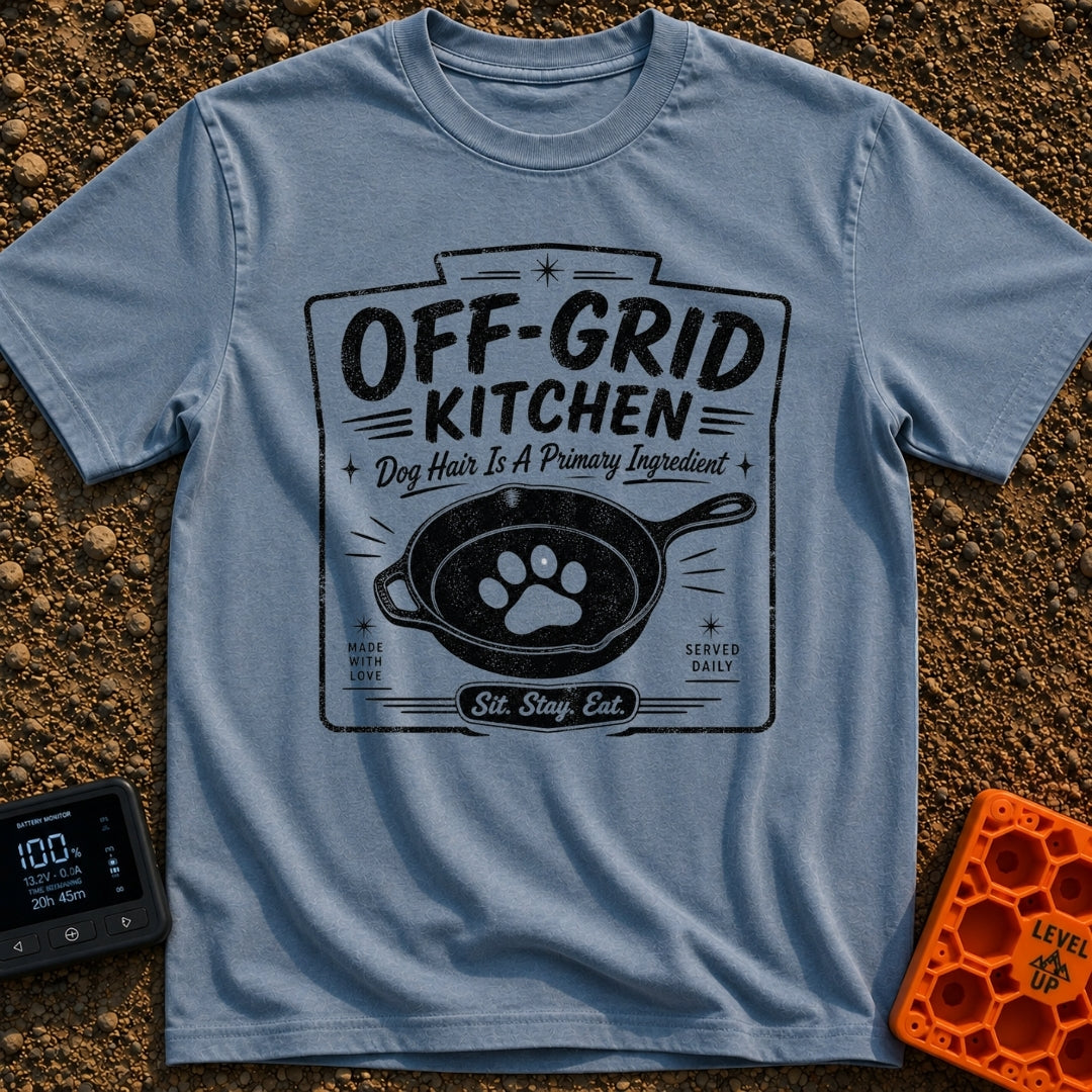 No Reservations Required - T-Shirt in Blue Jean - A black and white graphic featuring a cast iron skillet with a large...