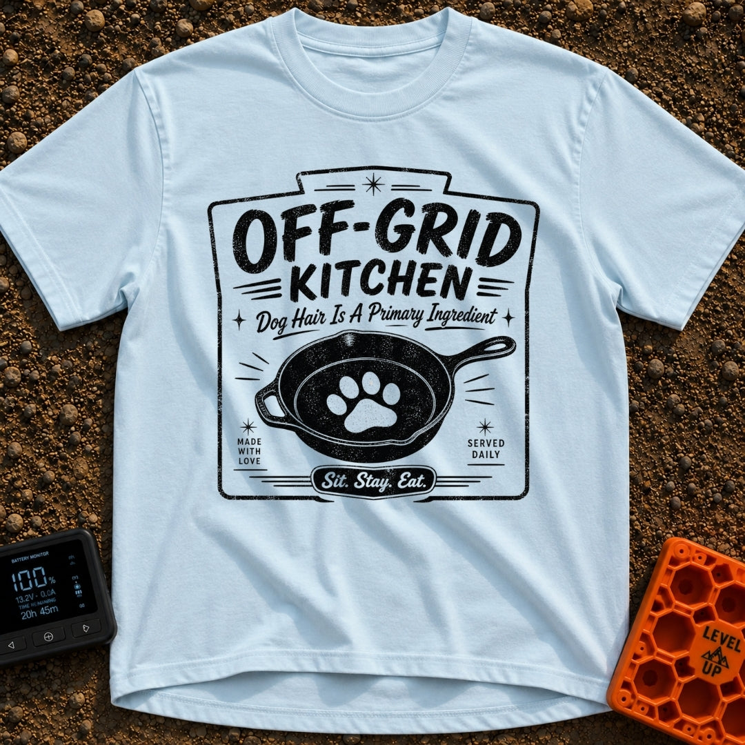 No Reservations Required - T-Shirt in Chambray - A black and white graphic featuring a cast iron skillet with a large dog...