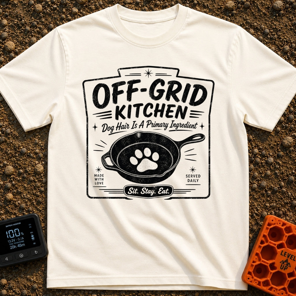 No Reservations Required - T-Shirt in Ivory - A black and white graphic featuring a cast iron skillet with a large dog...