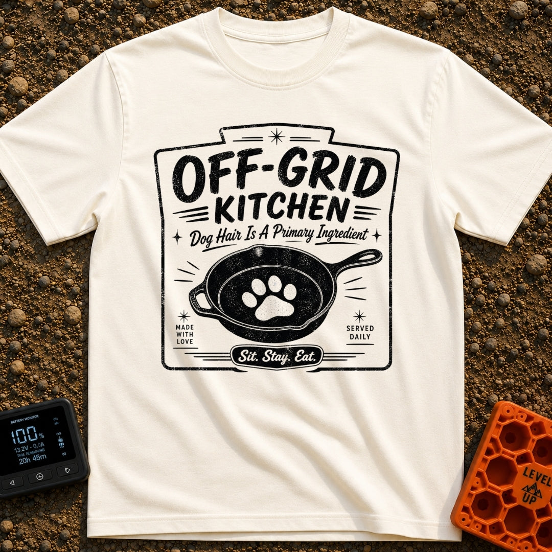 No Reservations Required - T-Shirt in Ivory - A black and white graphic featuring a cast iron skillet with a large dog...