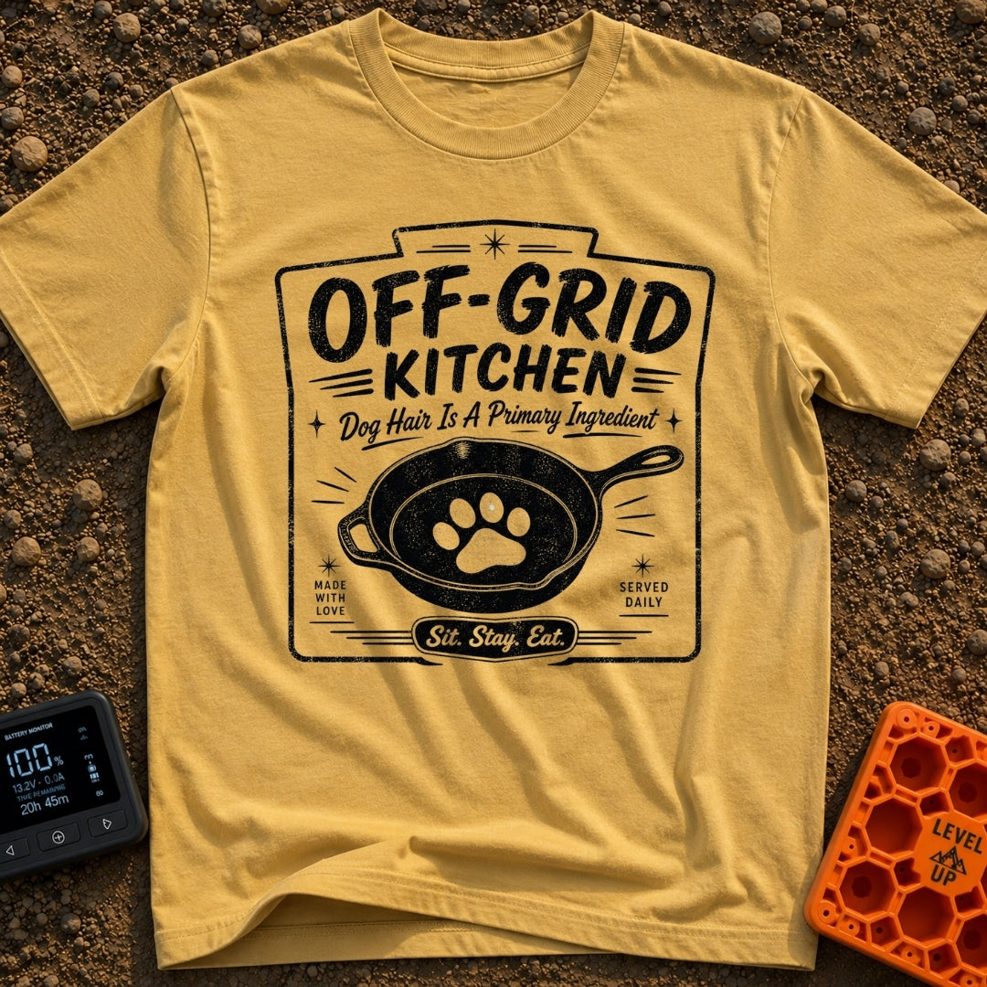 No Reservations Required - T-Shirt in Mustard - A black and white graphic featuring a cast iron skillet with a large dog...