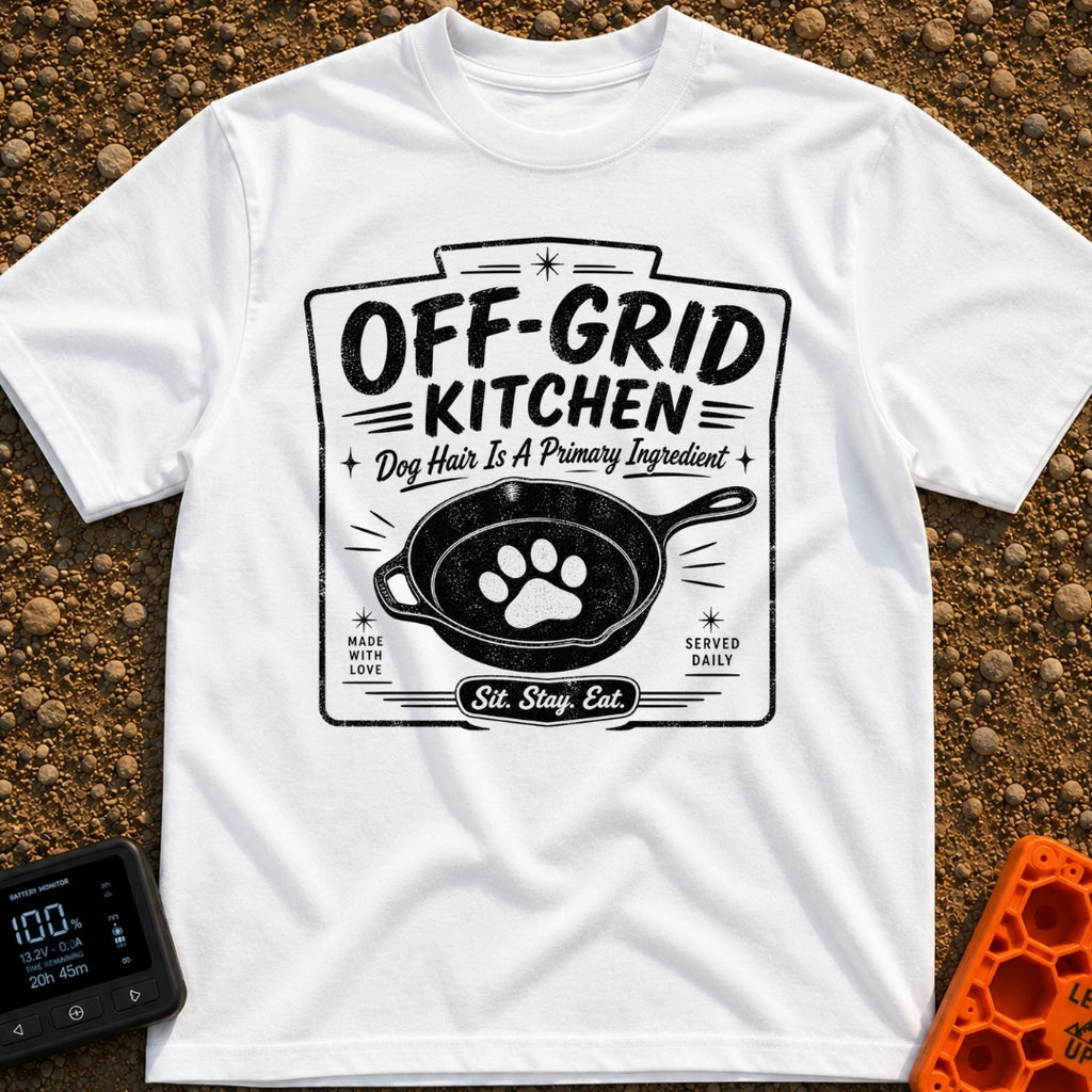 No Reservations Required - T-Shirt in White - A black and white graphic featuring a cast iron skillet with a large dog...