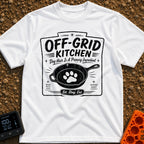 No Reservations Required - T-Shirt in White - A black and white graphic featuring a cast iron skillet with a large dog...