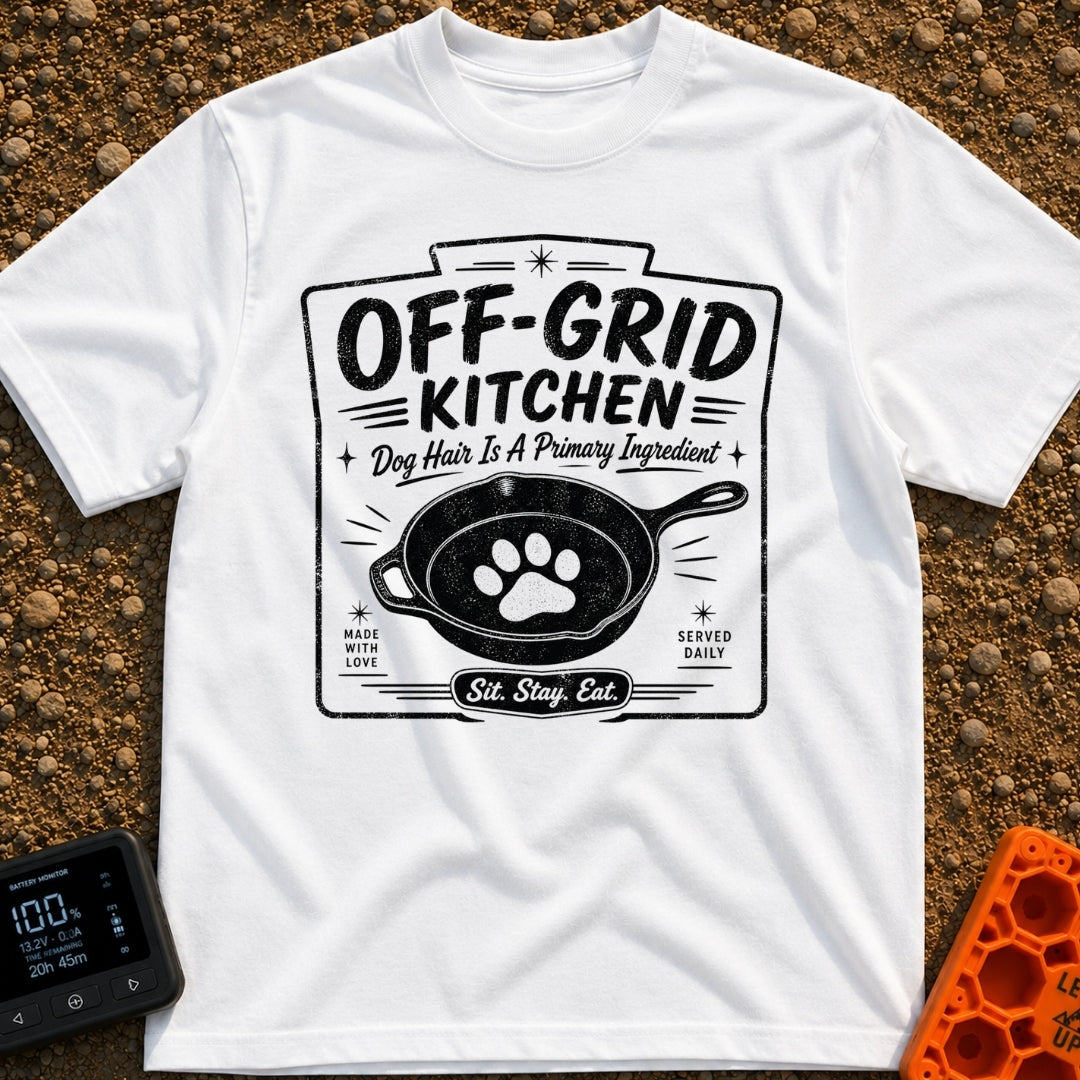 No Reservations Required - T-Shirt in White - A black and white graphic featuring a cast iron skillet with a large dog...