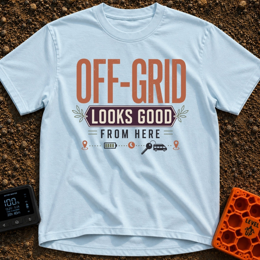 Looks Good Off Grid - T-Shirt in Chambray - A typographic design featuring the text "OFF-GRID LOOKS GOOD FROM HERE"...