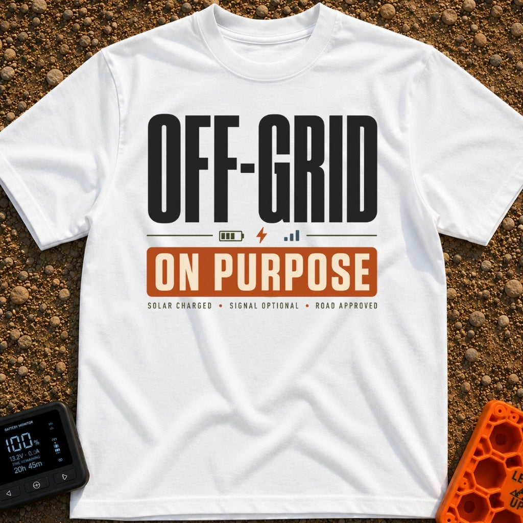 Off Grid On Purpose - T-Shirt in White - A typographic design reading "OFF-GRID" in large text above a battery, lightning...