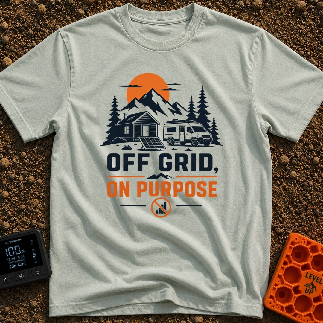 Unplugged On Purpose - T-Shirt in Bay - An illustration of a camper van and a small cabin nestled in a mountain landscape...