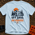 Unplugged On Purpose - T-Shirt in Chambray - An illustration of a camper van and a small cabin nestled in a mountain...