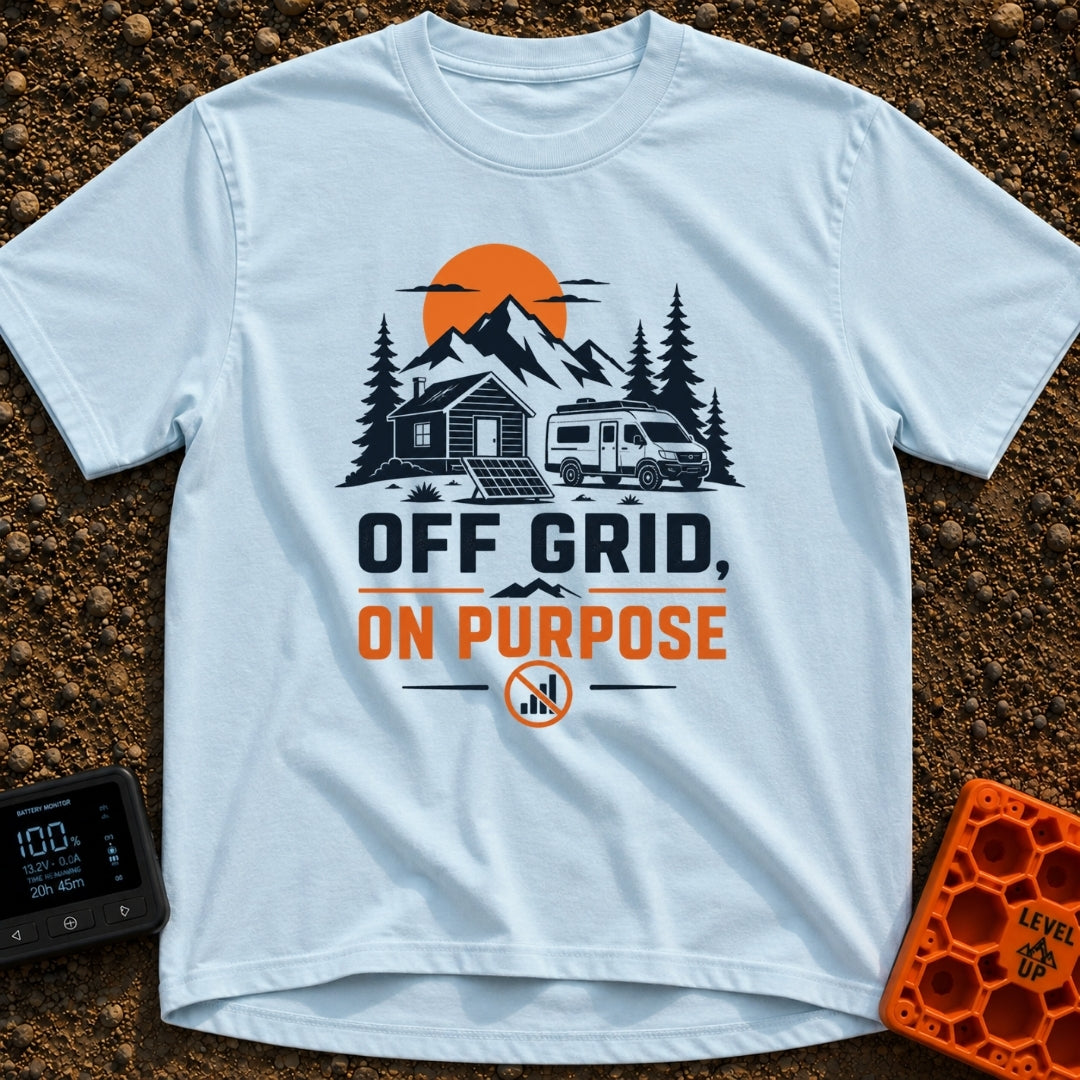 Unplugged On Purpose - T-Shirt in Chambray - An illustration of a camper van and a small cabin nestled in a mountain...