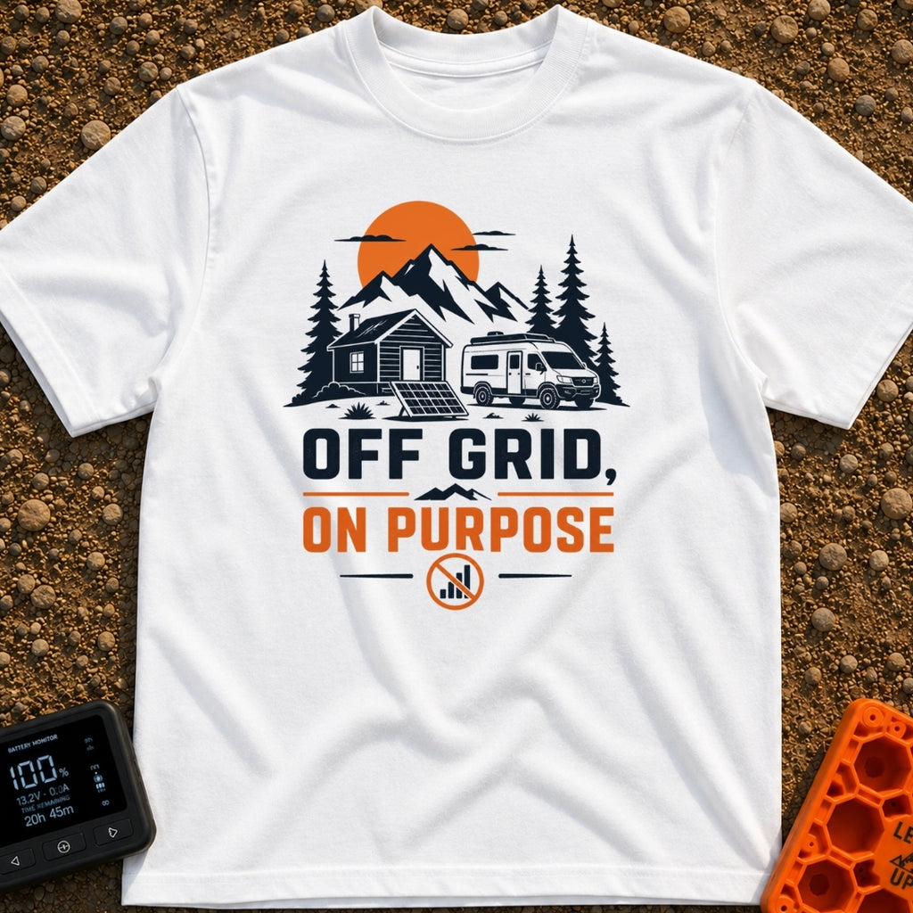 Unplugged On Purpose - T-Shirt in White - An illustration of a camper van and a small cabin nestled in a mountain...