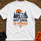 Unplugged On Purpose - T-Shirt in White - An illustration of a camper van and a small cabin nestled in a mountain...