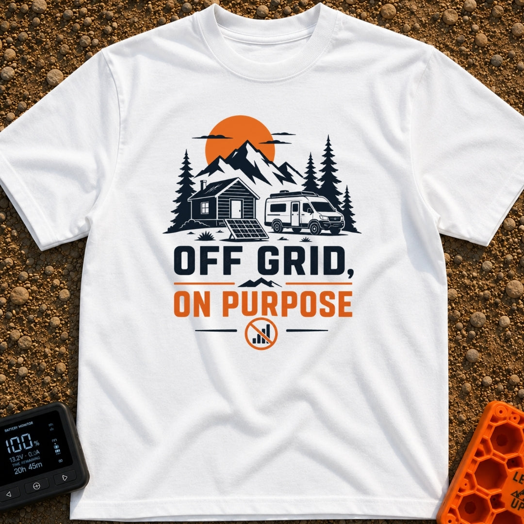 Unplugged On Purpose - T-Shirt in White - An illustration of a camper van and a small cabin nestled in a mountain...