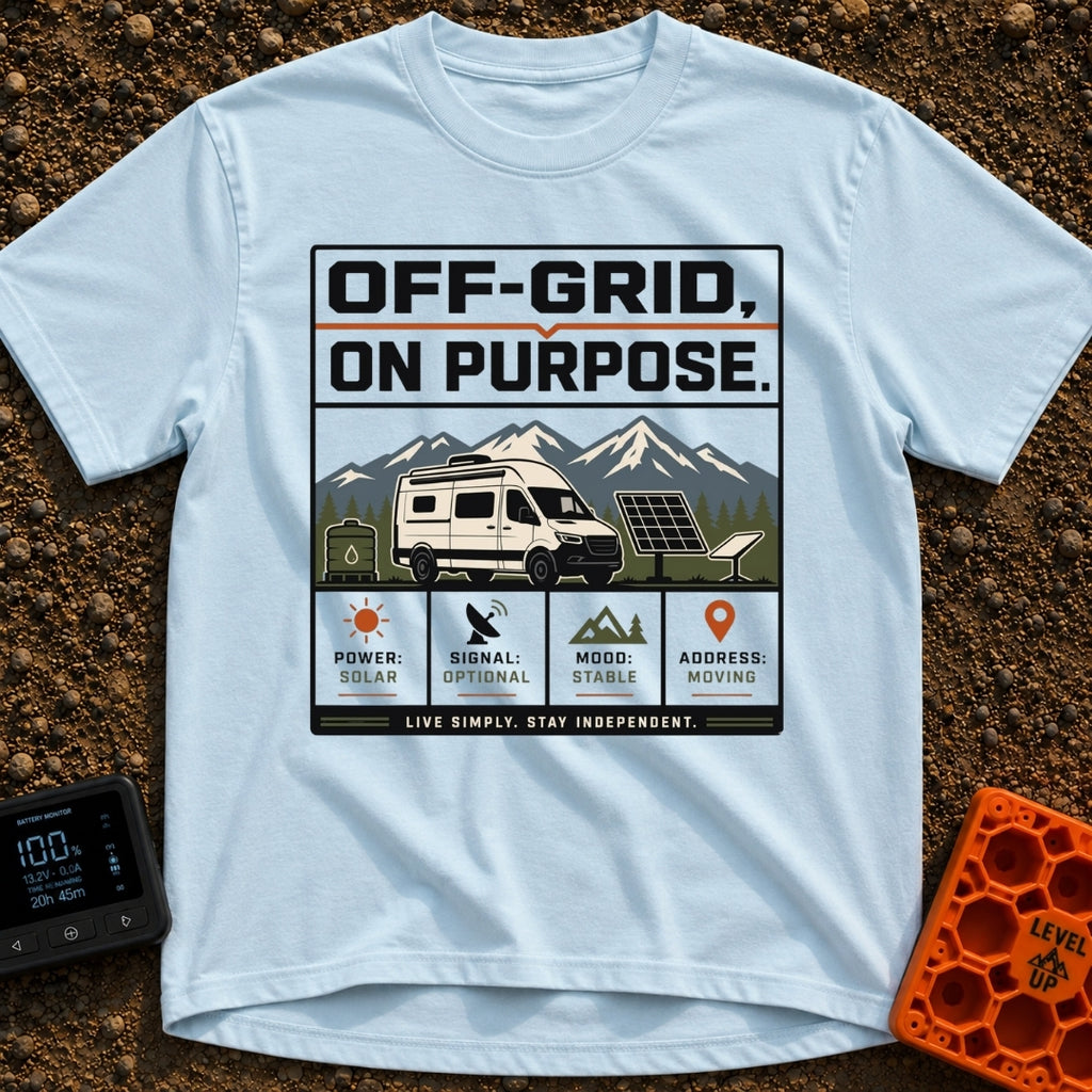 Off Grid On Purpose - T-Shirt in Chambray - The artwork shows a white camper van parked in a mountainous landscape,...