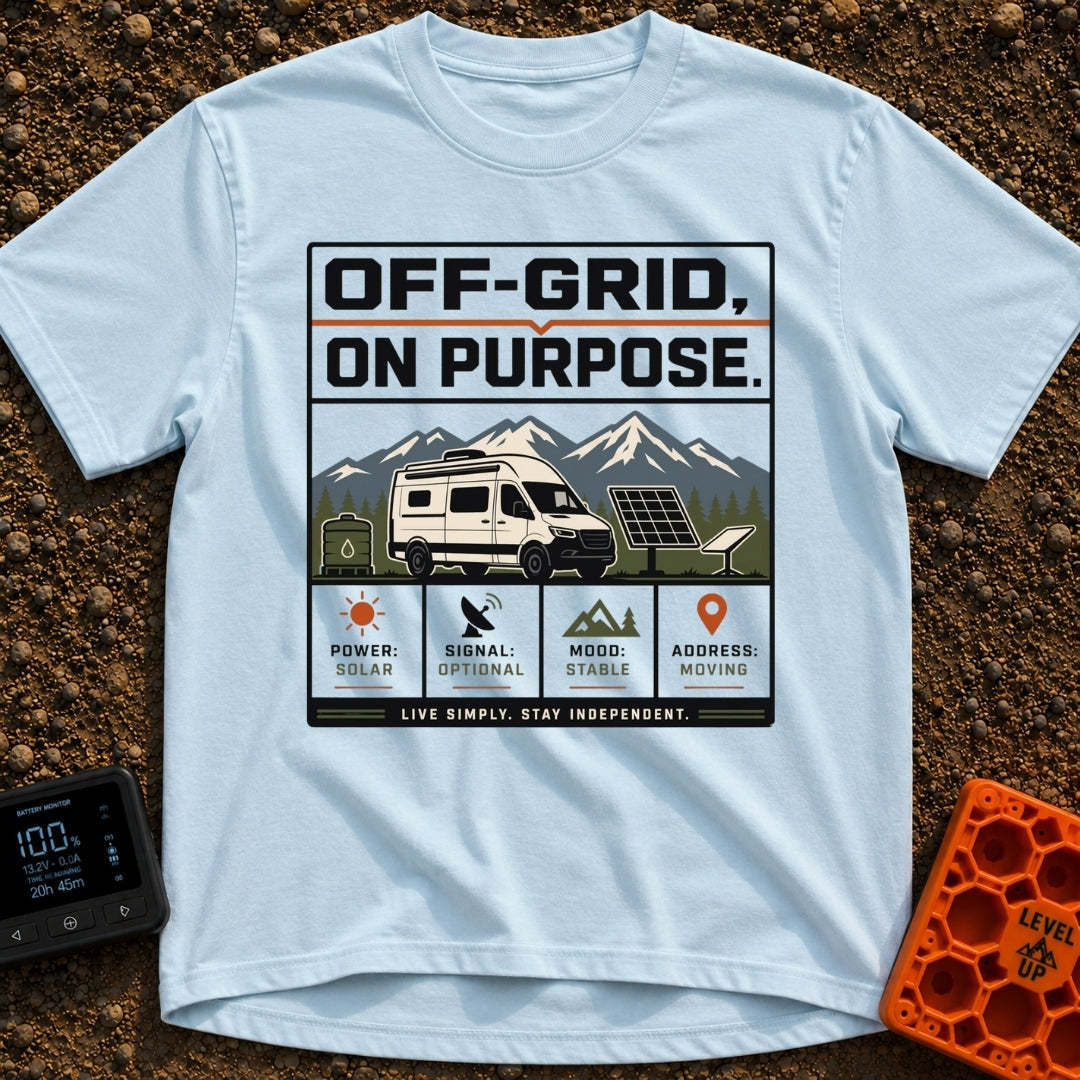 Off Grid On Purpose - T-Shirt in Chambray - The artwork shows a white camper van parked in a mountainous landscape,...