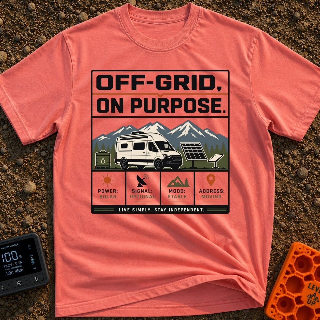 Off Grid On Purpose - T-Shirt in Watermelon - The artwork shows a white camper van parked in a mountainous landscape,...