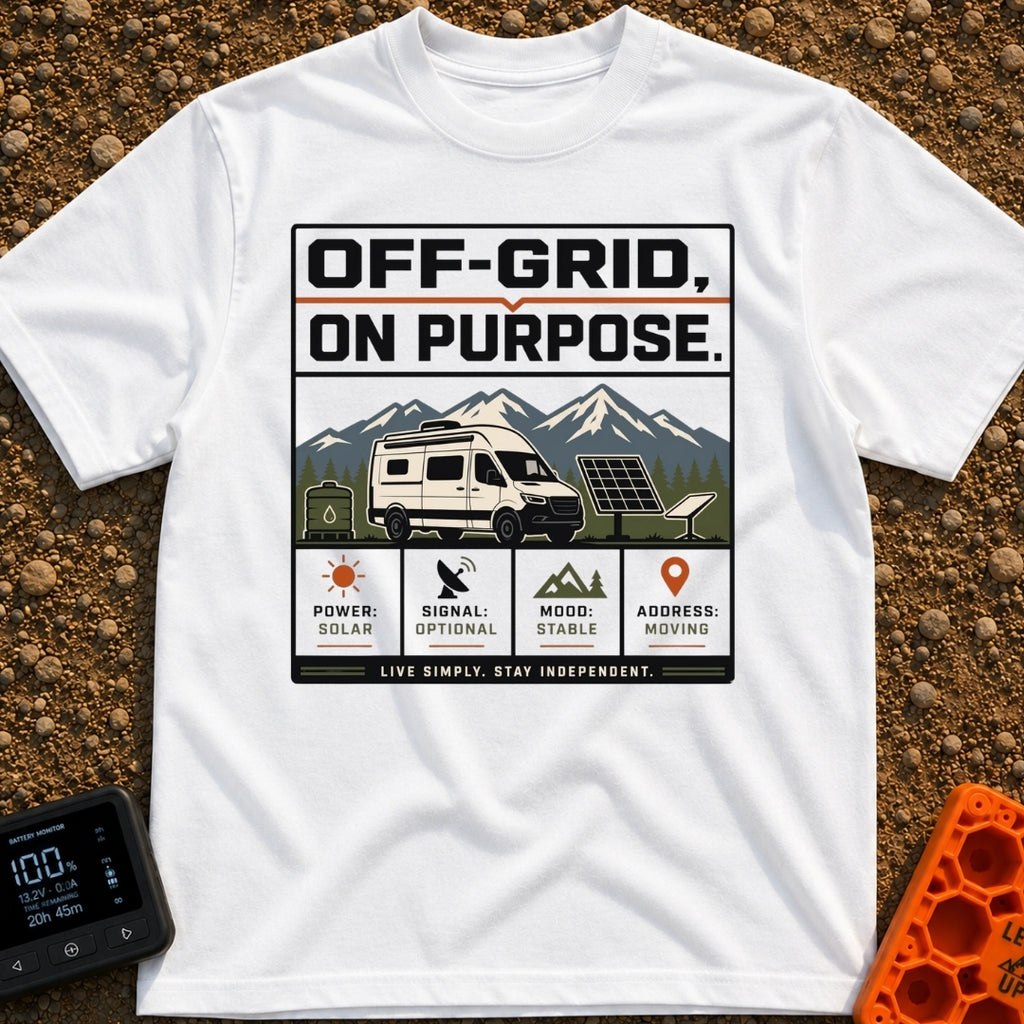 Off Grid On Purpose - T-Shirt in White - The artwork shows a white camper van parked in a mountainous landscape,...