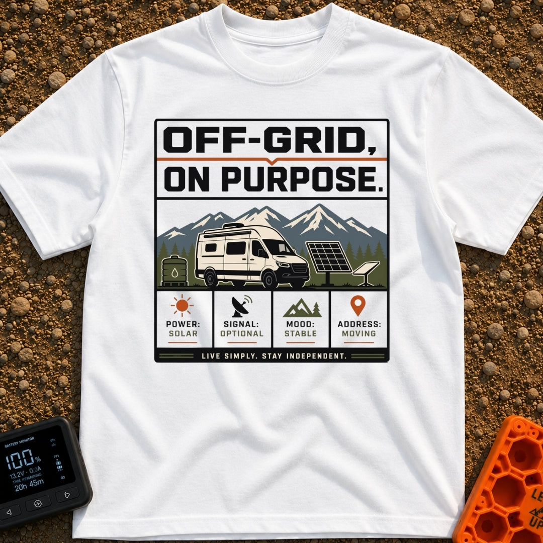 Off Grid On Purpose - T-Shirt in White - The artwork shows a white camper van parked in a mountainous landscape,...