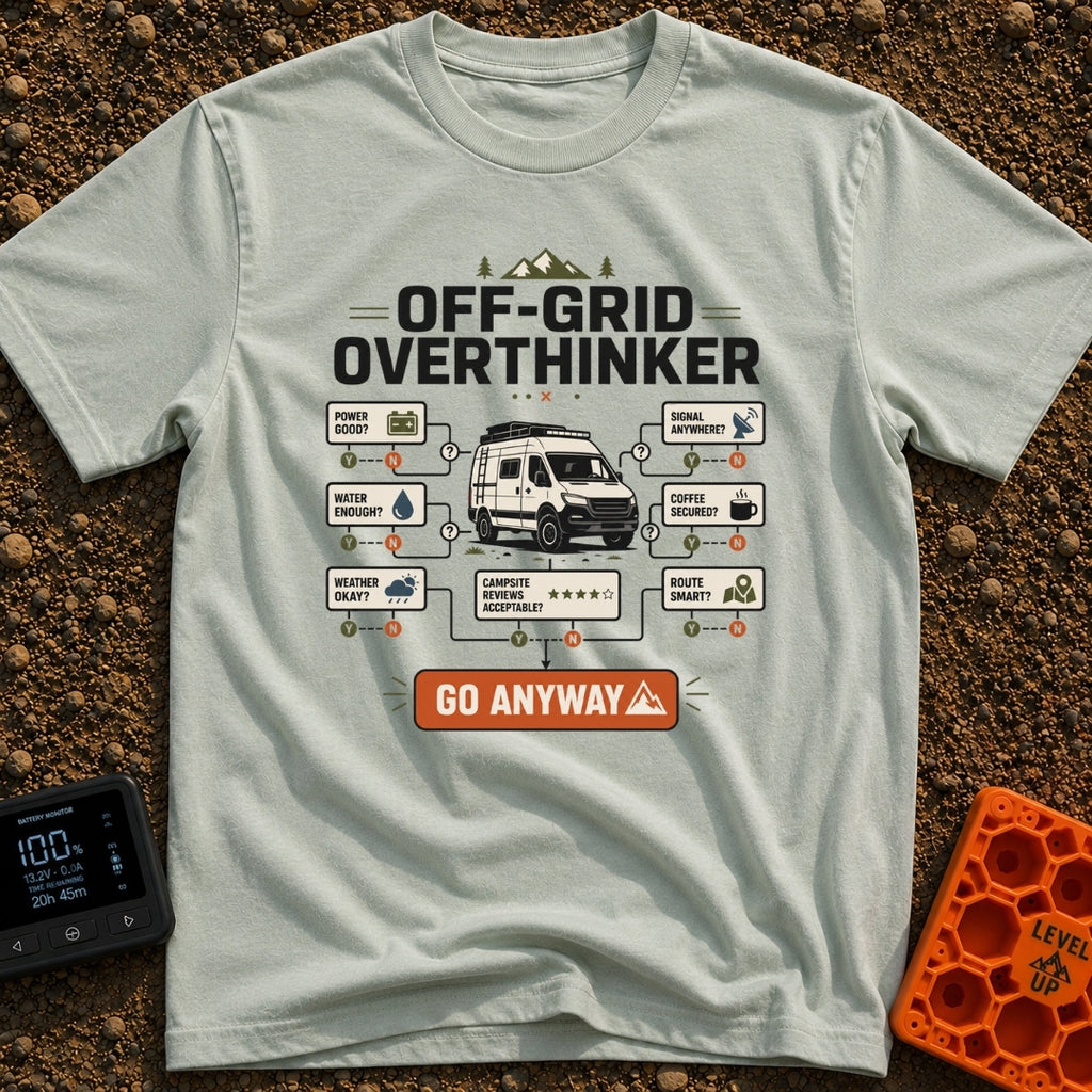 Overthink And Out - T-Shirt in Bay - A flowchart graphic titled "OFF-GRID OVERTHINKER" centered around an illustration of...