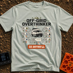Overthink And Out - T-Shirt in Bay - A flowchart graphic titled "OFF-GRID OVERTHINKER" centered around an illustration of...