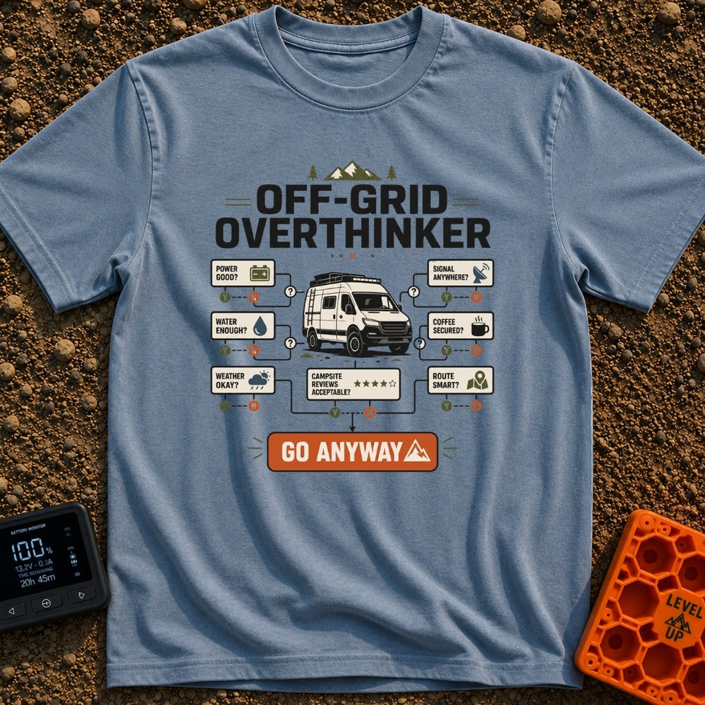 Overthink And Out - T-Shirt in Blue Jean - A flowchart graphic titled "OFF-GRID OVERTHINKER" centered around an...
