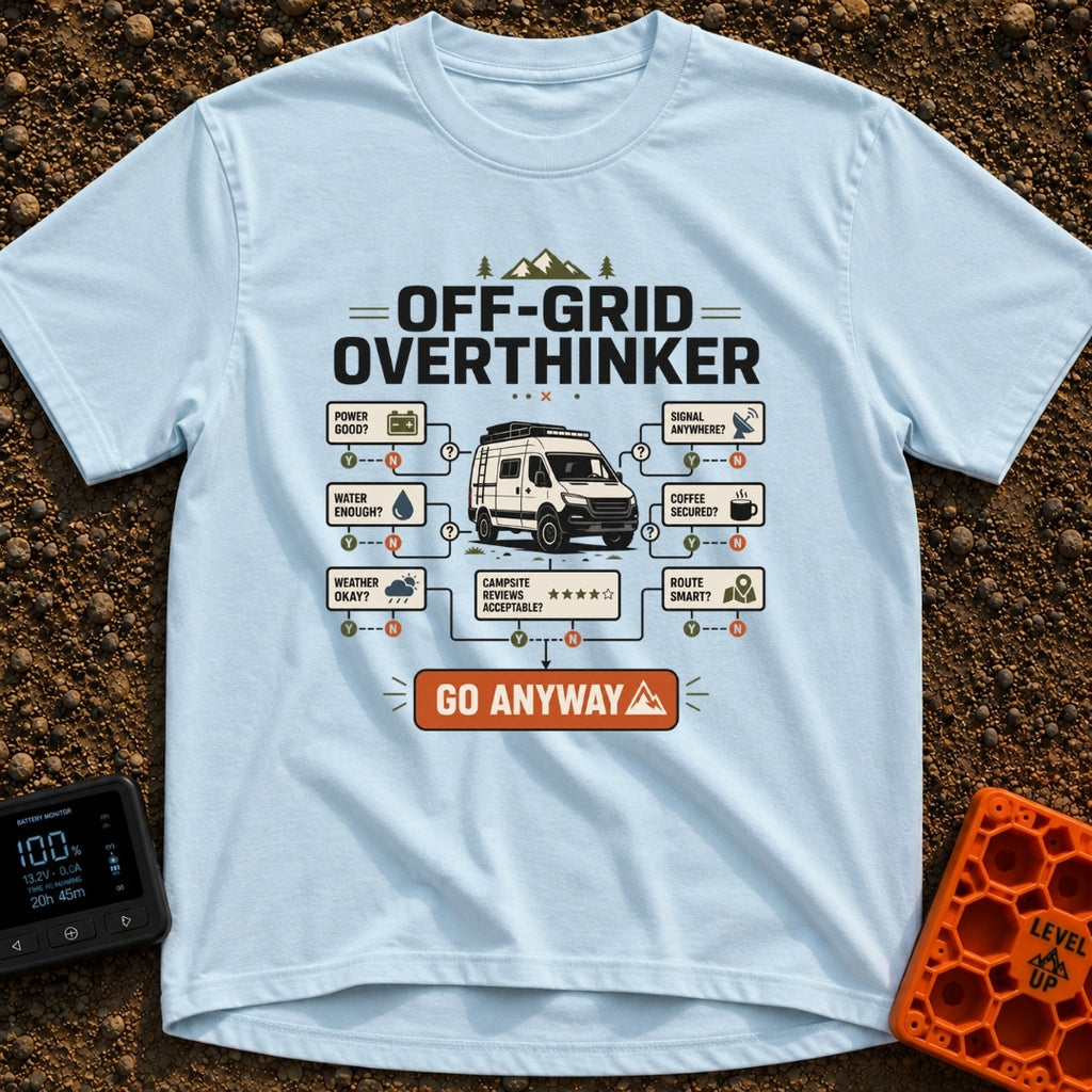 Overthink And Out - T-Shirt in Chambray - A flowchart graphic titled "OFF-GRID OVERTHINKER" centered around an...